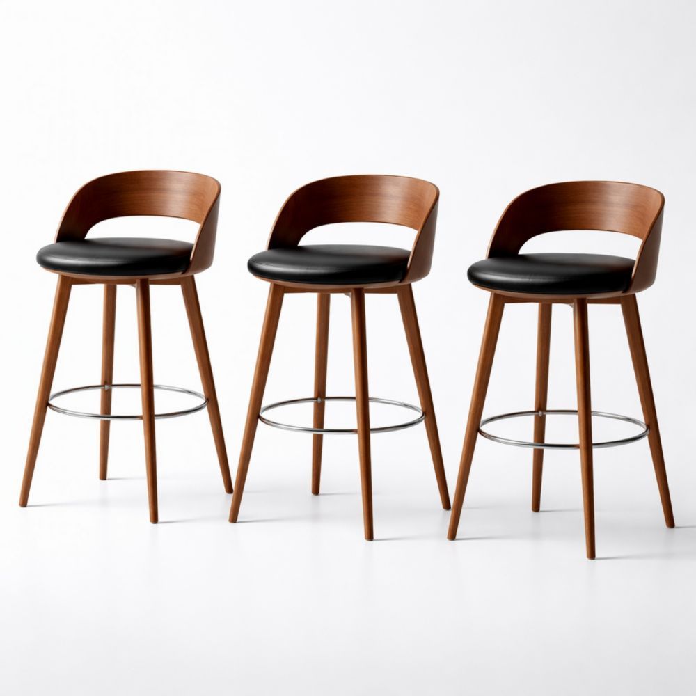 Set of 3 Wooden Bar Stools with PU Leather Seat and Metal Footrest