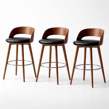 Set of 3 Wooden Bar Stools with PU Leather Seat and Metal Footrest