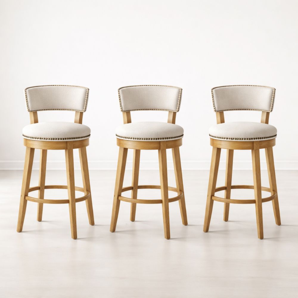Set of 3 Upholstered Swivel Bar Stools with Wood Frame and Linen Fabric in Cream 45cm Width