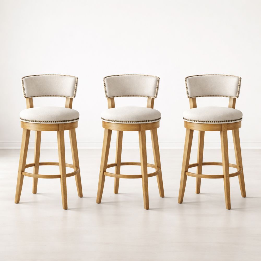 Set of 3 Upholstered Swivel Bar Stools with Wood Frame and Linen Fabric in Cream 45cm Width