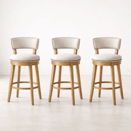 Set of 3 Upholstered Swivel Bar Stools with Wood Frame and Linen Fabric in Cream 45cm Width