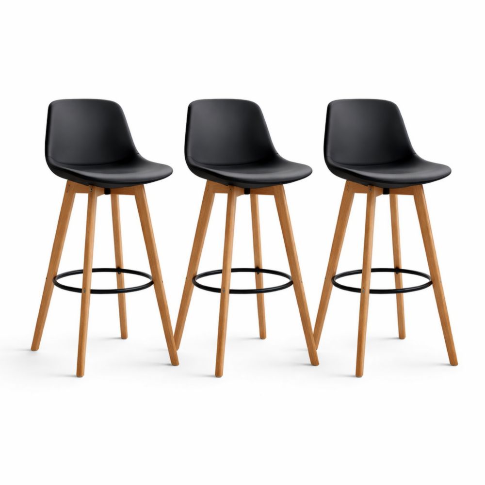 Set of 3 Black Faux Leather Bar Stools with Beech Wood Legs