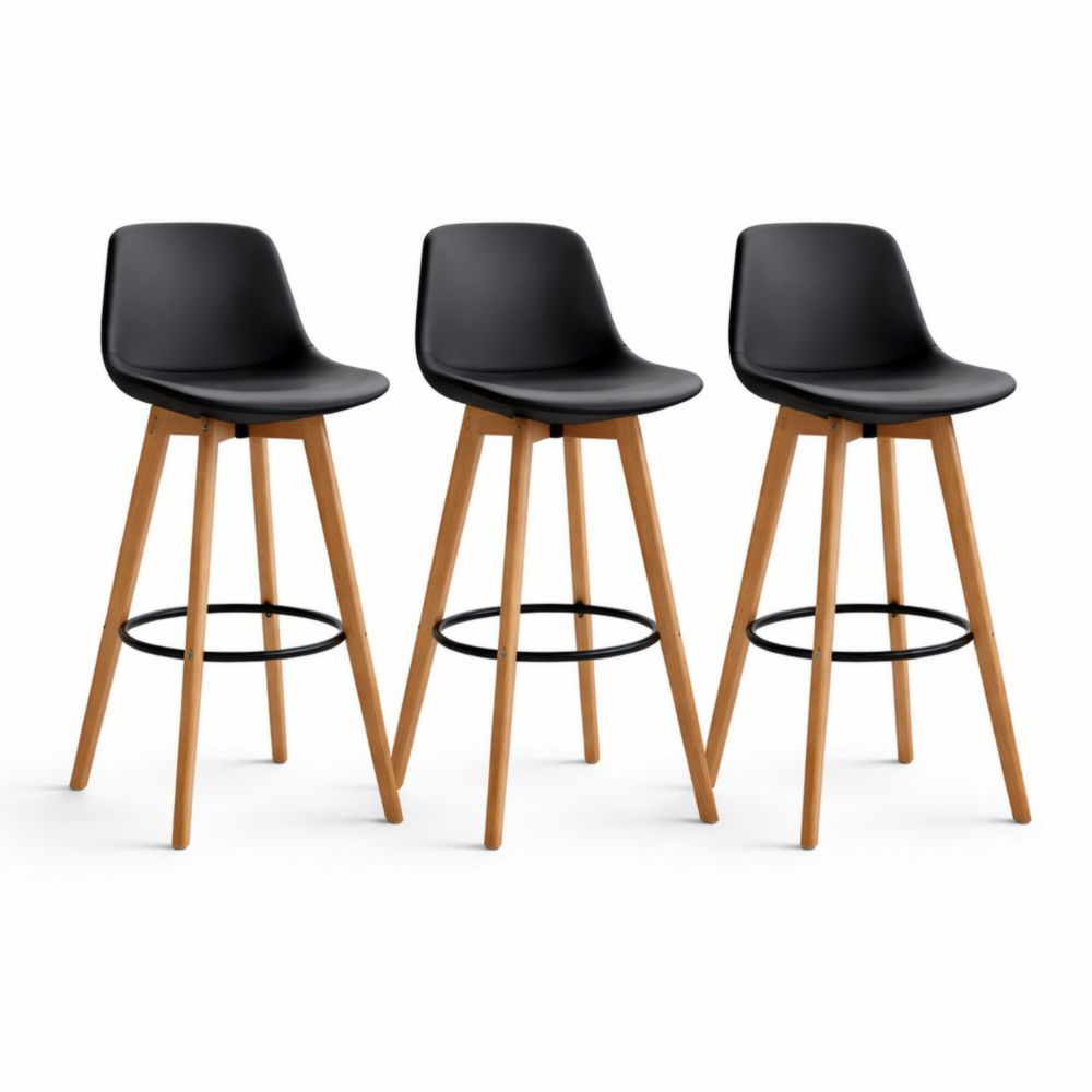 Set of 3 Black Faux Leather Bar Stools with Beech Wood Legs