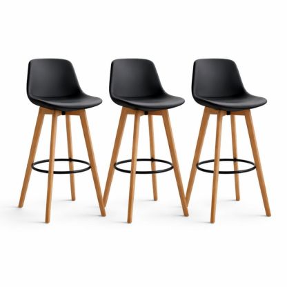 Set of 3 Black Faux Leather Bar Stools with Beech Wood Legs