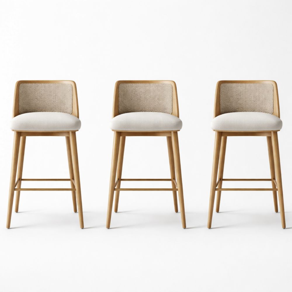 Set of 3 Wood Bar Stools with Rattan Back and Cushioned Seats