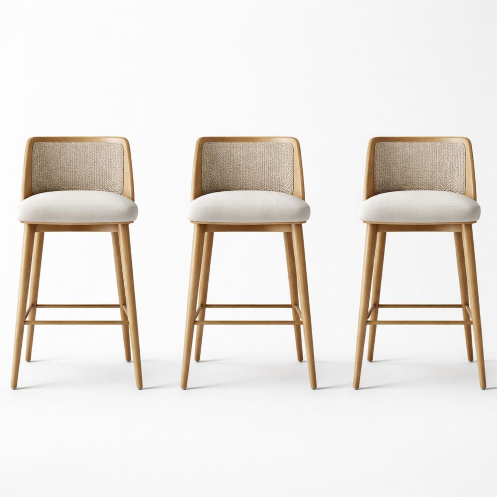 Set of 3 Wood Bar Stools with Rattan Back and Cushioned Seats