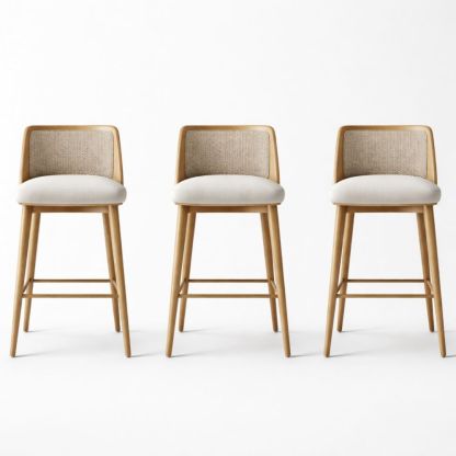 Set of 3 Wood Bar Stools with Rattan Back and Cushioned Seats