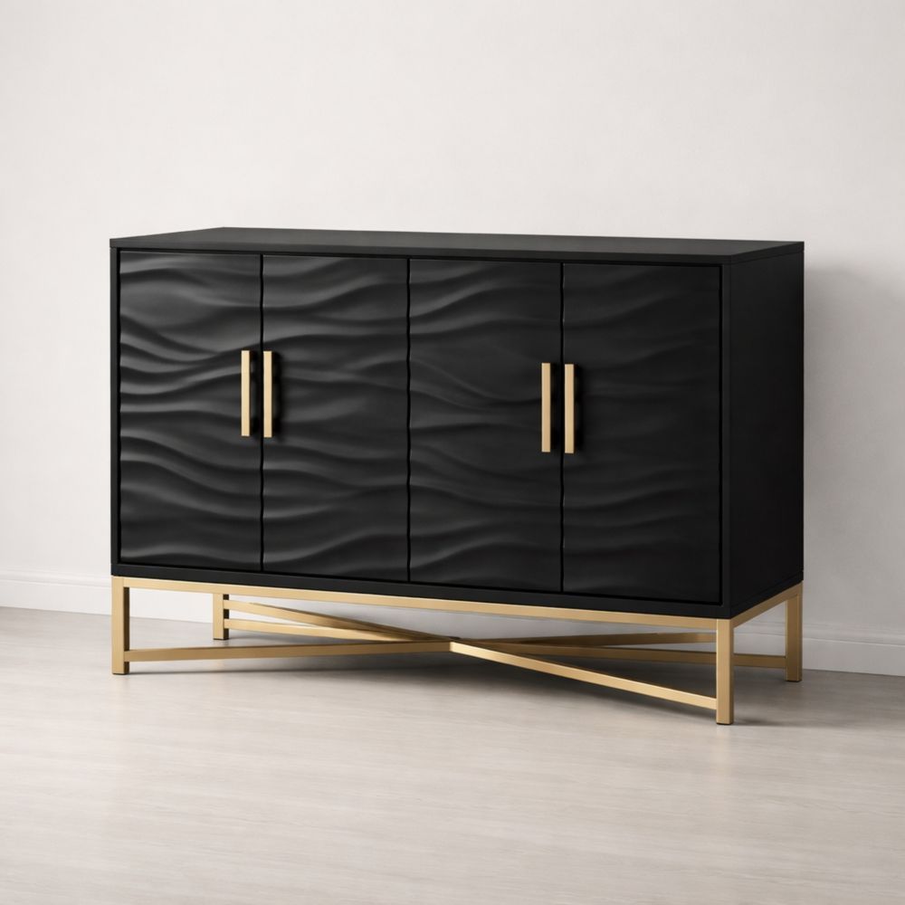 Black Wood Sideboard with Wave Pattern Doors and Gold Metal Base