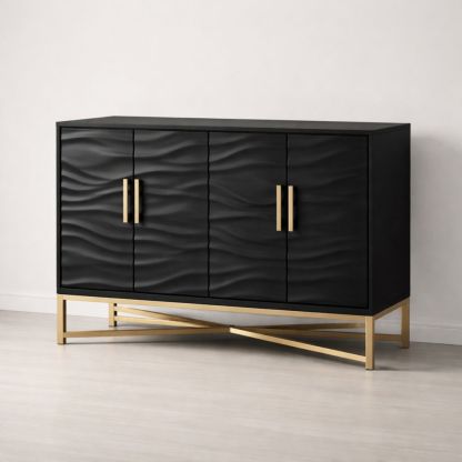 Black Wood Sideboard with Wave Pattern Doors and Gold Metal Base