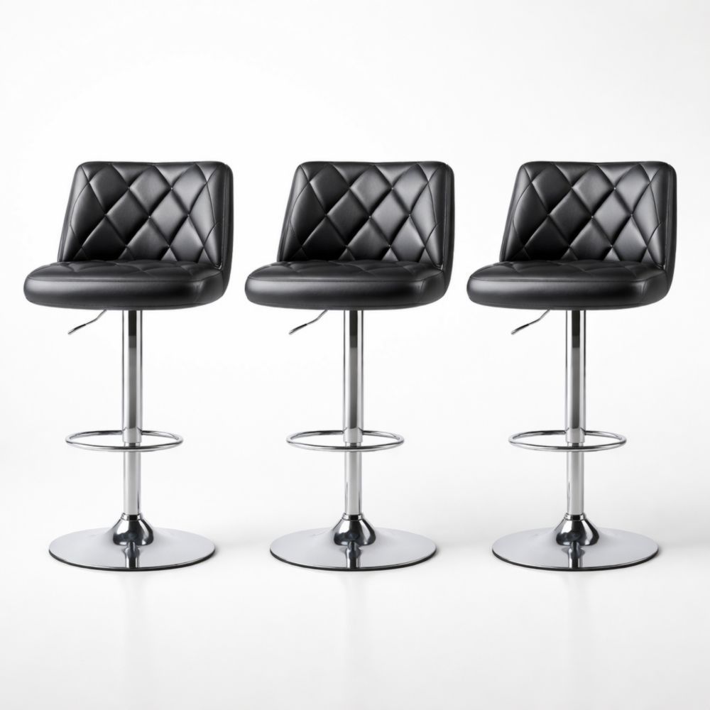 Set of 3 Adjustable Swivel Bar Stools Faux Leather and Chrome Base Black