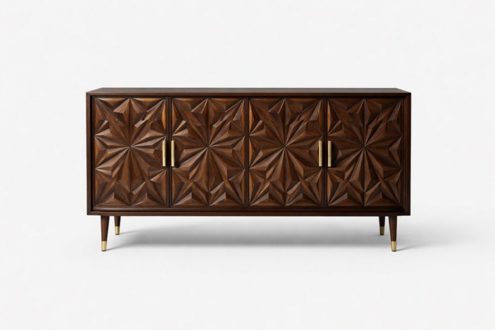 Solid Wood Sideboard Cabinet with Geometric Pattern and Metal Handles
