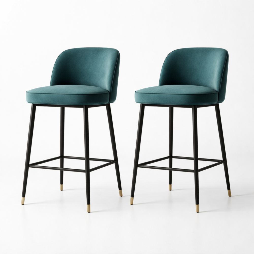 Set of 2 Teal Velvet Bar Stools with Black Metal Frame