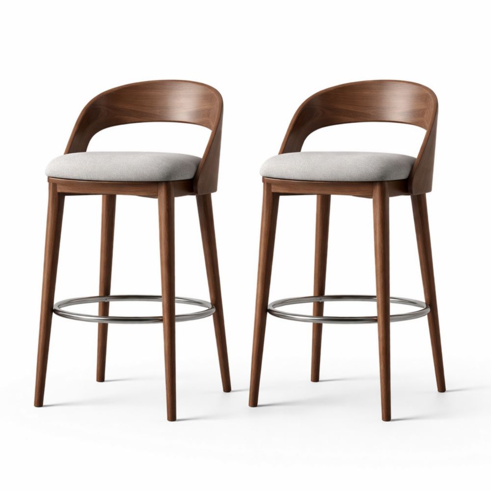 Set of 2 Wooden Bar Stools with Curved Back and Gray Upholstered Seat