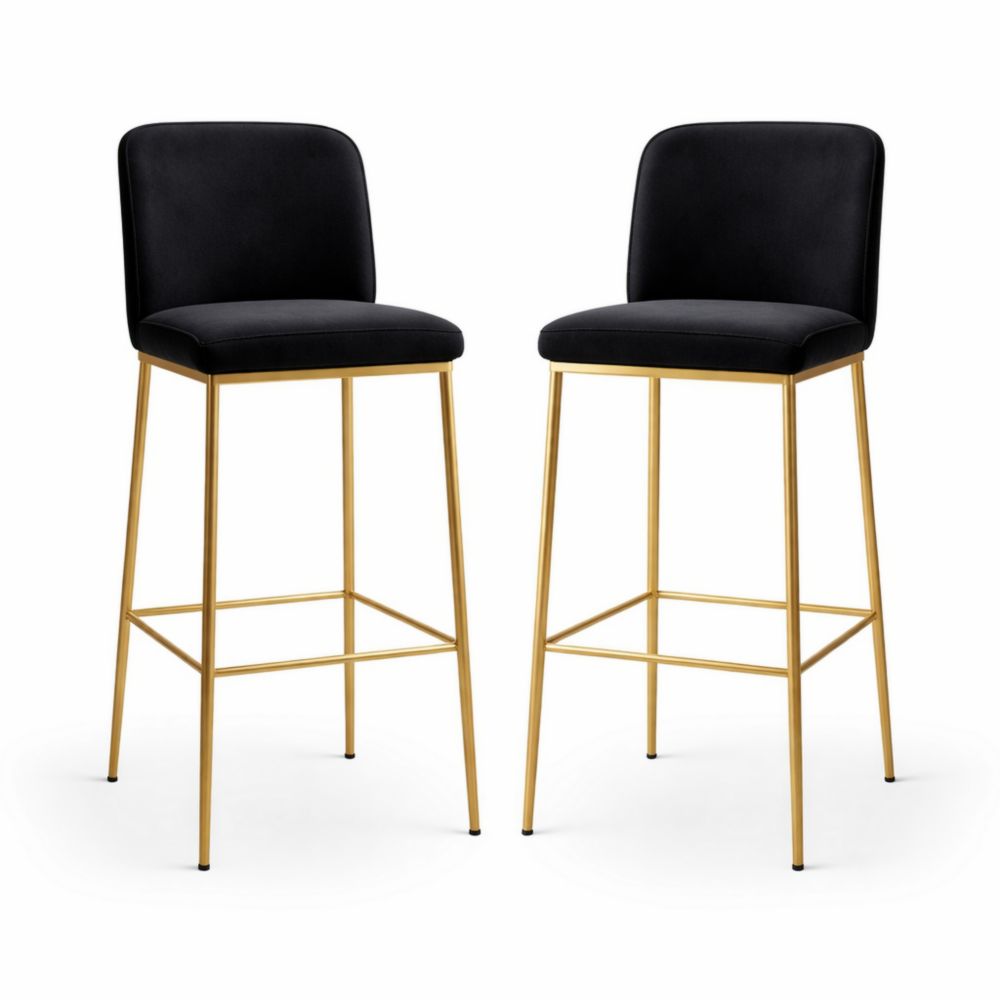Set of 2 Black Velvet Bar Stools with Gold Metal Frame