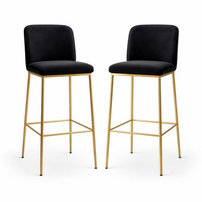 Set of 2 Black Velvet Bar Stools with Gold Metal Frame