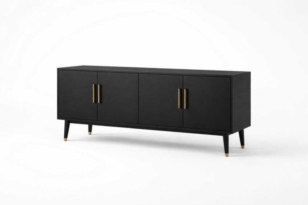 Black Rectangular MDF Wood Sideboard with Brass Handles and Four Doors
