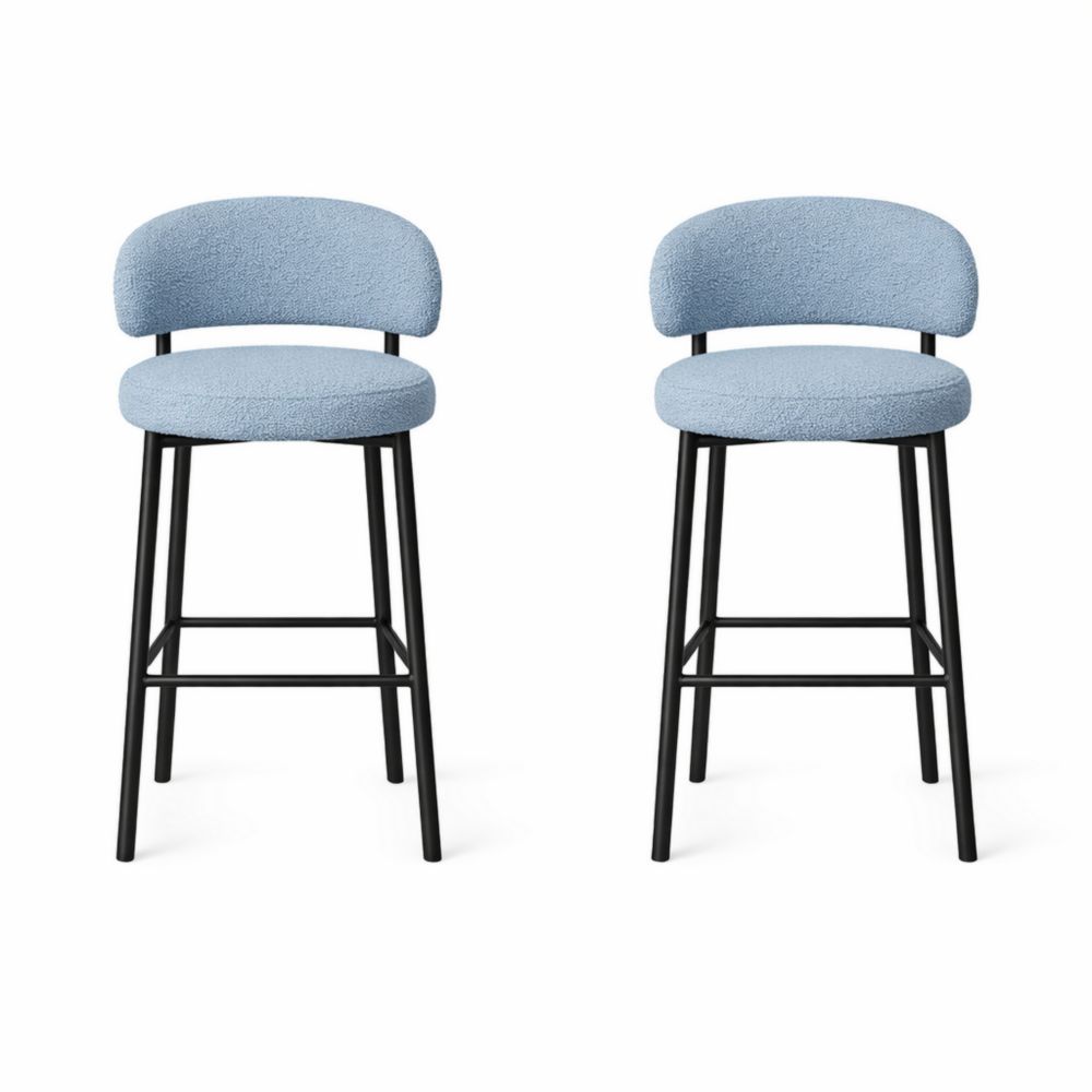 Set of 2 Blue Boucle Bar Stools with Black Metal Frame - Height 94cm
