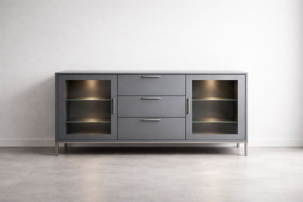 Gray Metal and Glass Sideboard with Shelves and Drawers
