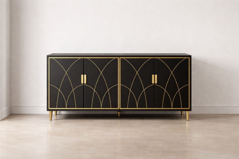 Black Rectangular Wood Sideboard with Gold Accents and Four Doors