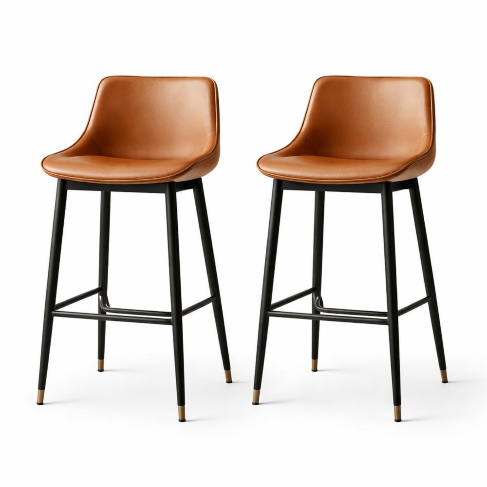 Set of 2 Brown PU Leather Bar Stools with Black Metal Legs