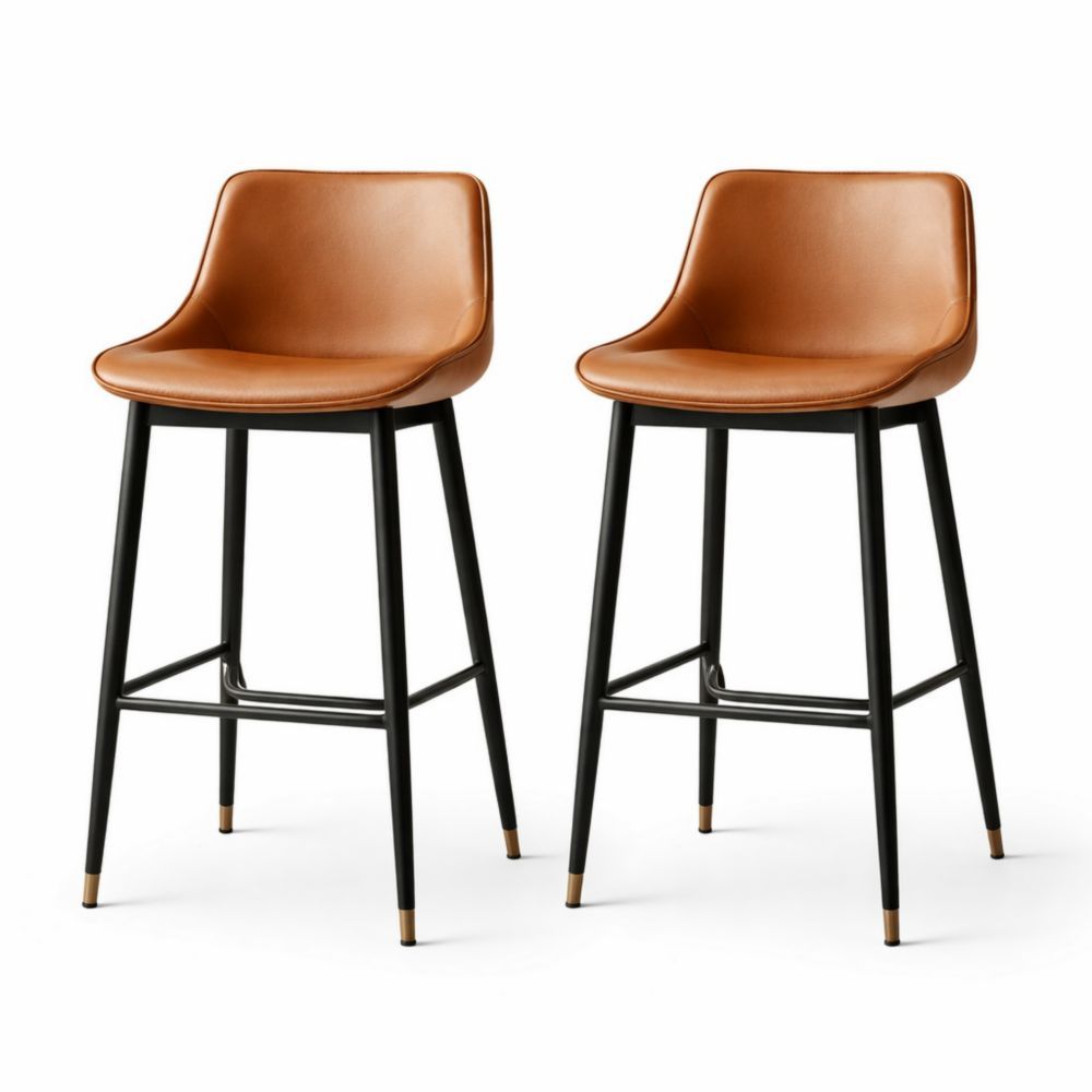 Set of 2 Brown PU Leather Bar Stools with Black Metal Legs