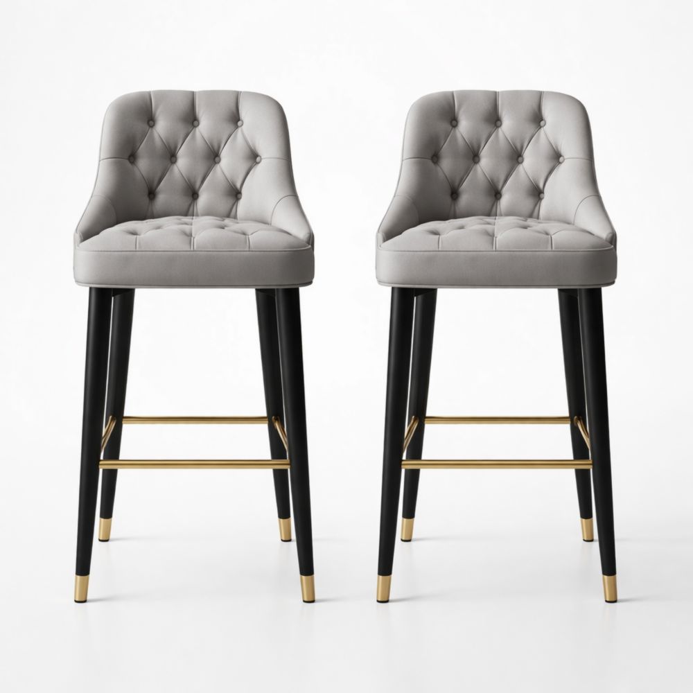 Set of 2 Upholstered Tufted Bar Stools with Black Legs and Gold Accents