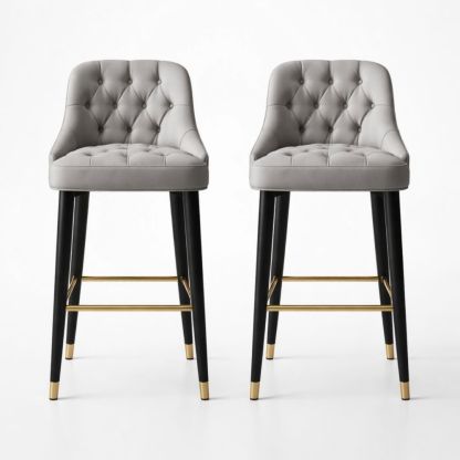 Set of 2 Upholstered Tufted Bar Stools with Black Legs and Gold Accents