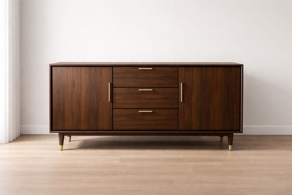 Wooden Sideboard with Drawers and Shelves Brown