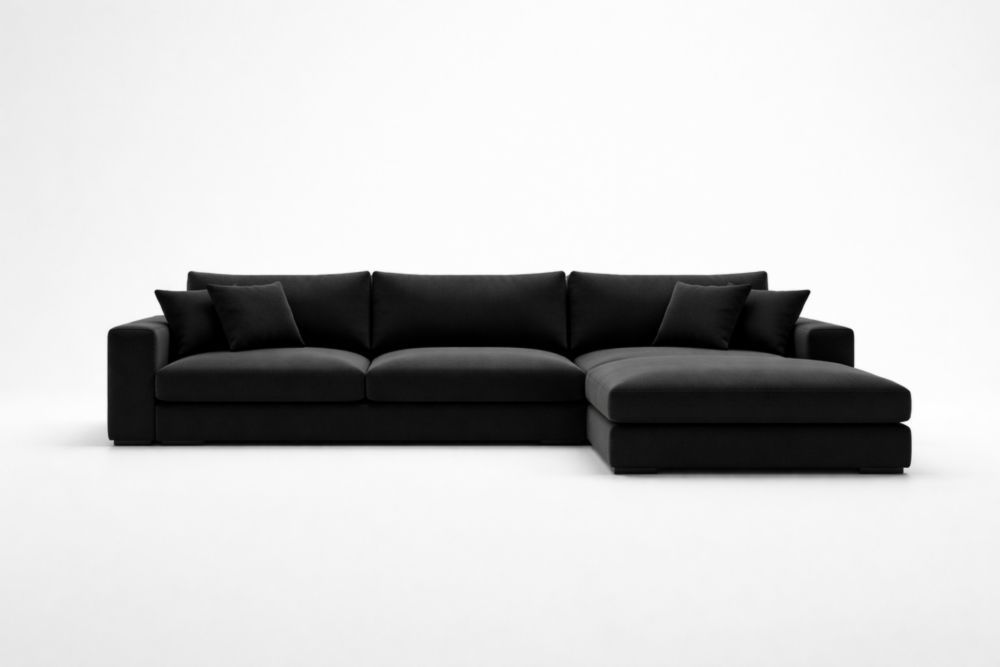 Black Polyester L-Shaped Sectional Sofa with Cushions 350cm Length