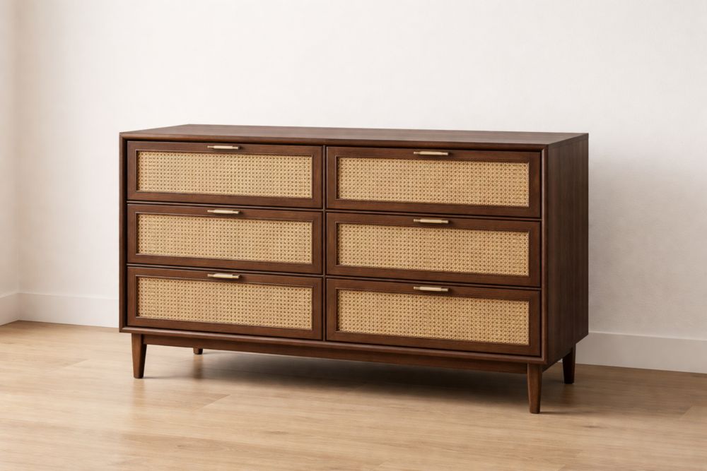 Wood and Rattan Dresser with Six Drawers Brown