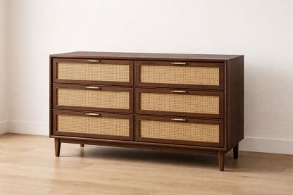 Wood and Rattan Dresser with Six Drawers Brown