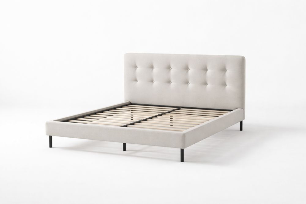 Upholstered Bed Frame with Tufted Headboard Steel and Polyester Beige