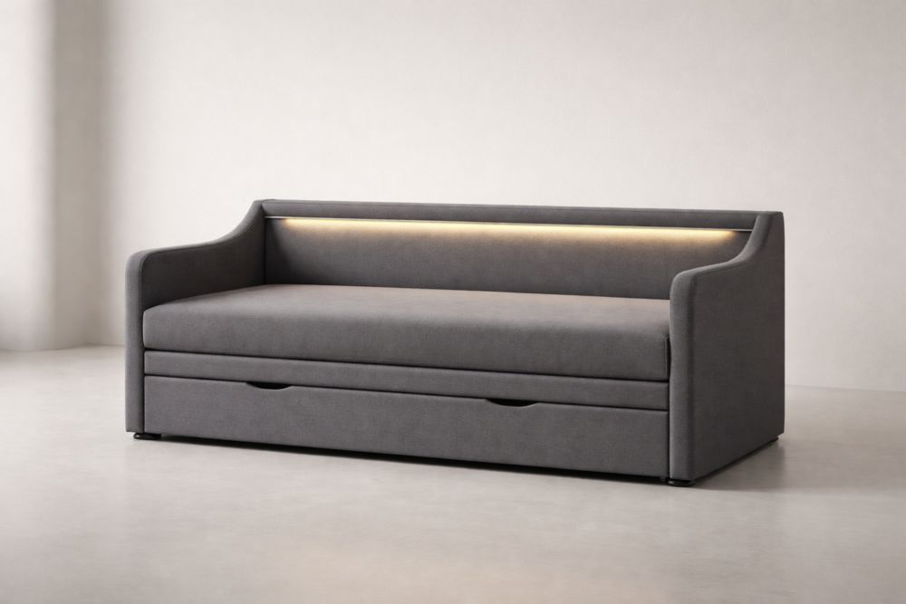 Gray Fabric Daybed with Trundle and LED Lighting