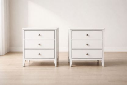 White Three-Drawer MDF and Wood Nightstand Set