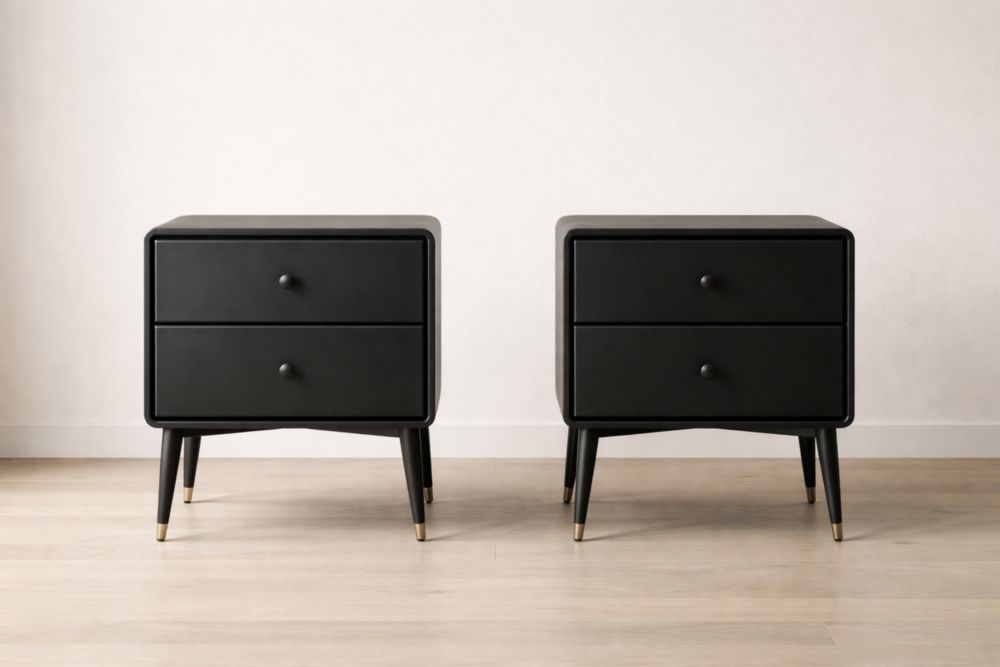 Set of 2 Black Wood Nightstands with Two Drawers