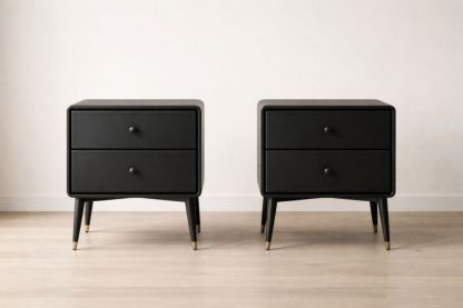 Set of 2 Black Wood Nightstands with Two Drawers