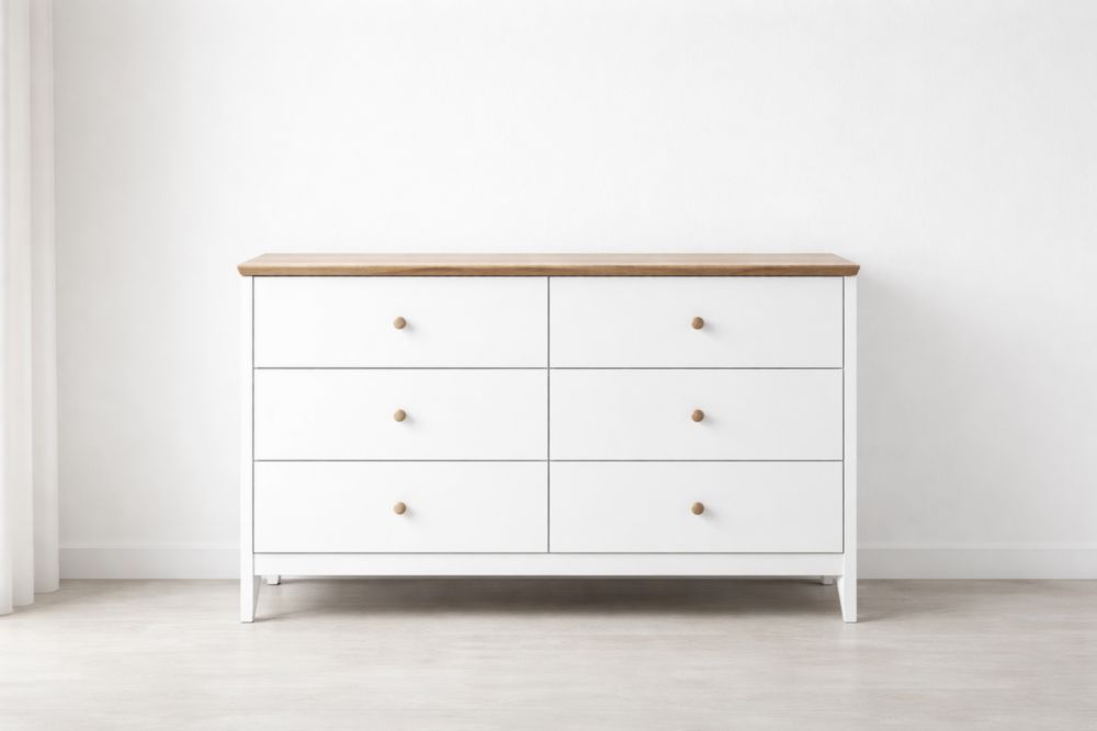 White 6-Drawer Dresser with Wood Top MDF and Pine 120cm x 40cm x 80cm