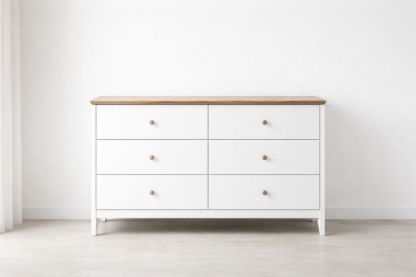 White 6-Drawer Dresser with Wood Top MDF and Pine 120cm x 40cm x 80cm