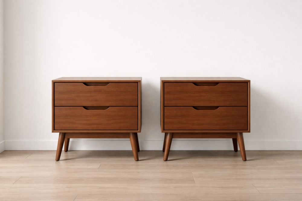Two-Drawer Wooden Nightstand Set with Tapered Legs in Walnut Finish