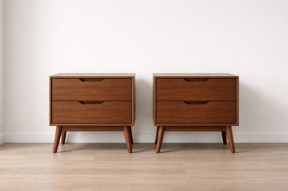 Two-Drawer Wooden Nightstand Set with Tapered Legs in Walnut Finish