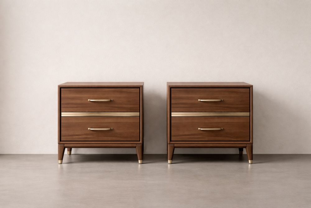 Walnut Wood Nightstand Set with Brass Handles