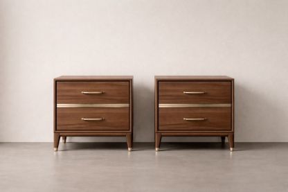 Walnut Wood Nightstand Set with Brass Handles