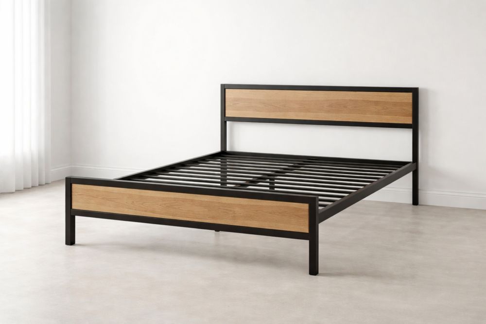 Metal and Wood Platform Bed Frame Black and Oak Finish