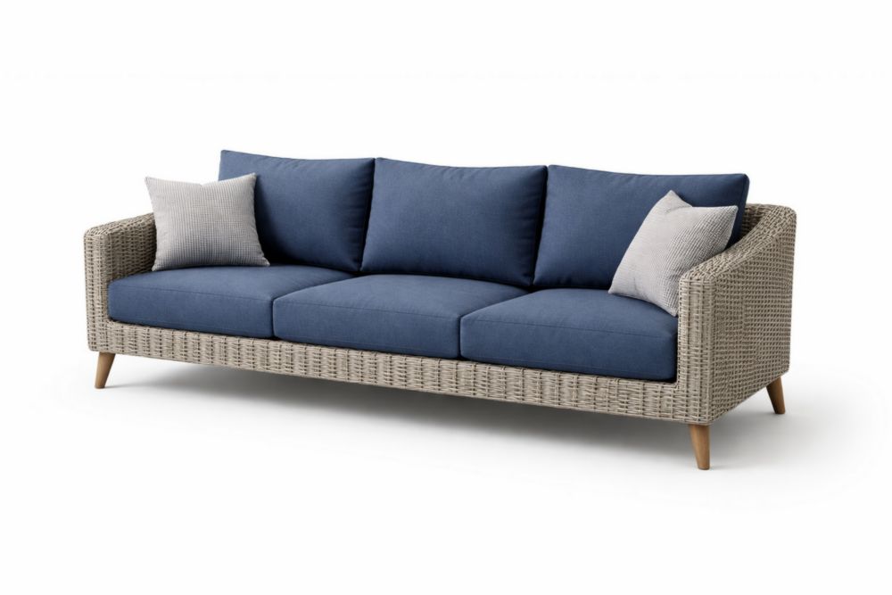 Outdoor Wicker Sofa Blue Cushions PE Rattan Aluminum Frame 220cm