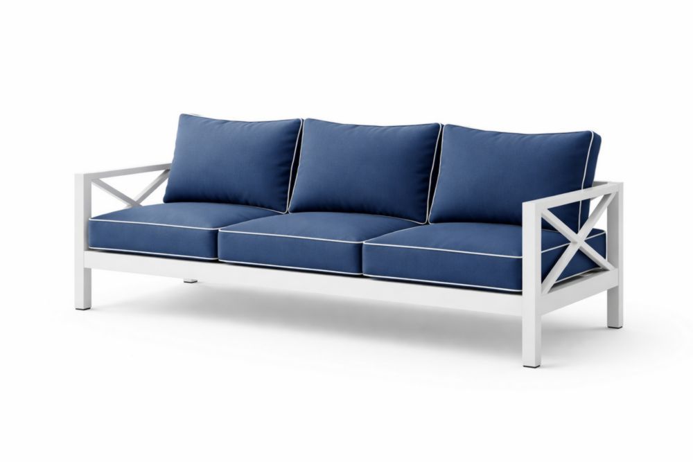 Outdoor Aluminum Frame Sofa with Blue Polyester Cushions 180cm