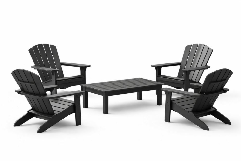 Outdoor Adirondack Chair and Coffee Table Set, 4 Chairs with Slatted Design, Black, Polypropylene