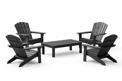 Outdoor Adirondack Chair and Coffee Table Set, 4 Chairs with Slatted Design, Black, Polypropylene