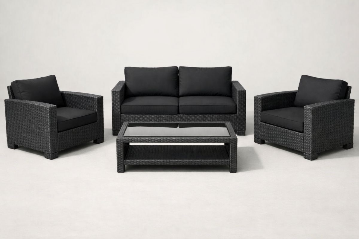 4-Piece Outdoor Wicker Sofa Set with Glass Coffee Table Black