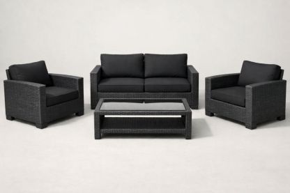 4-Piece Outdoor Wicker Sofa Set with Glass Coffee Table Black