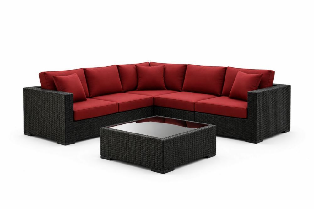 Outdoor Patio Sofa Set Wicker with Red Cushions and Coffee Table